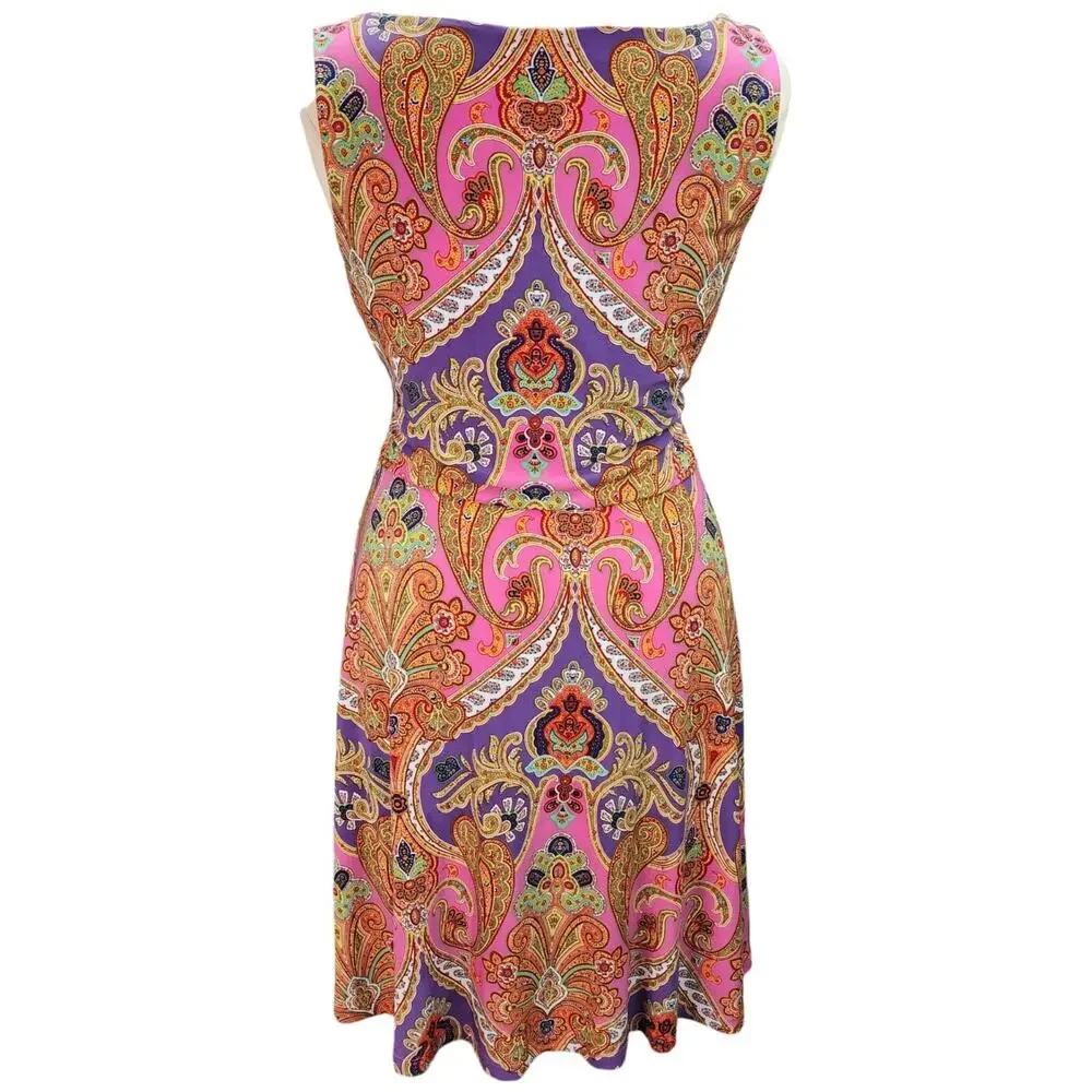 Lauren Ralph Lauren Dress Women’s Large Pink Purple Paisley Faux Wrap Stretch - Picture 3 of 16